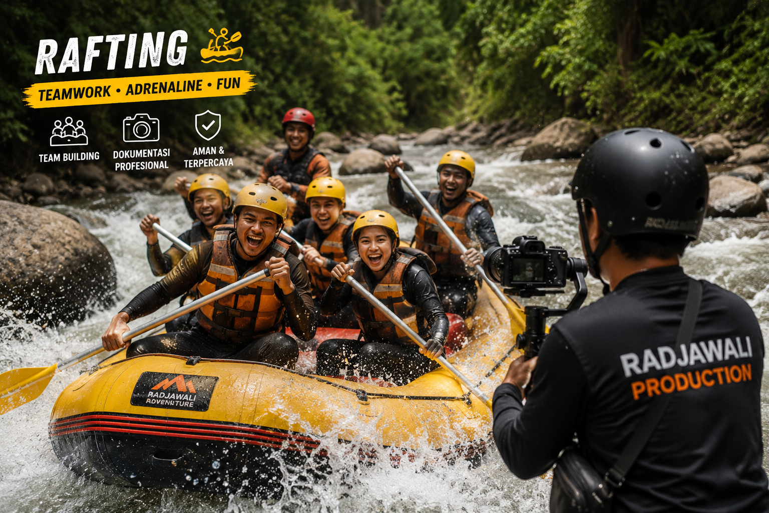 Tim rafting mengarungi jeram sungai dengan perahu karet
